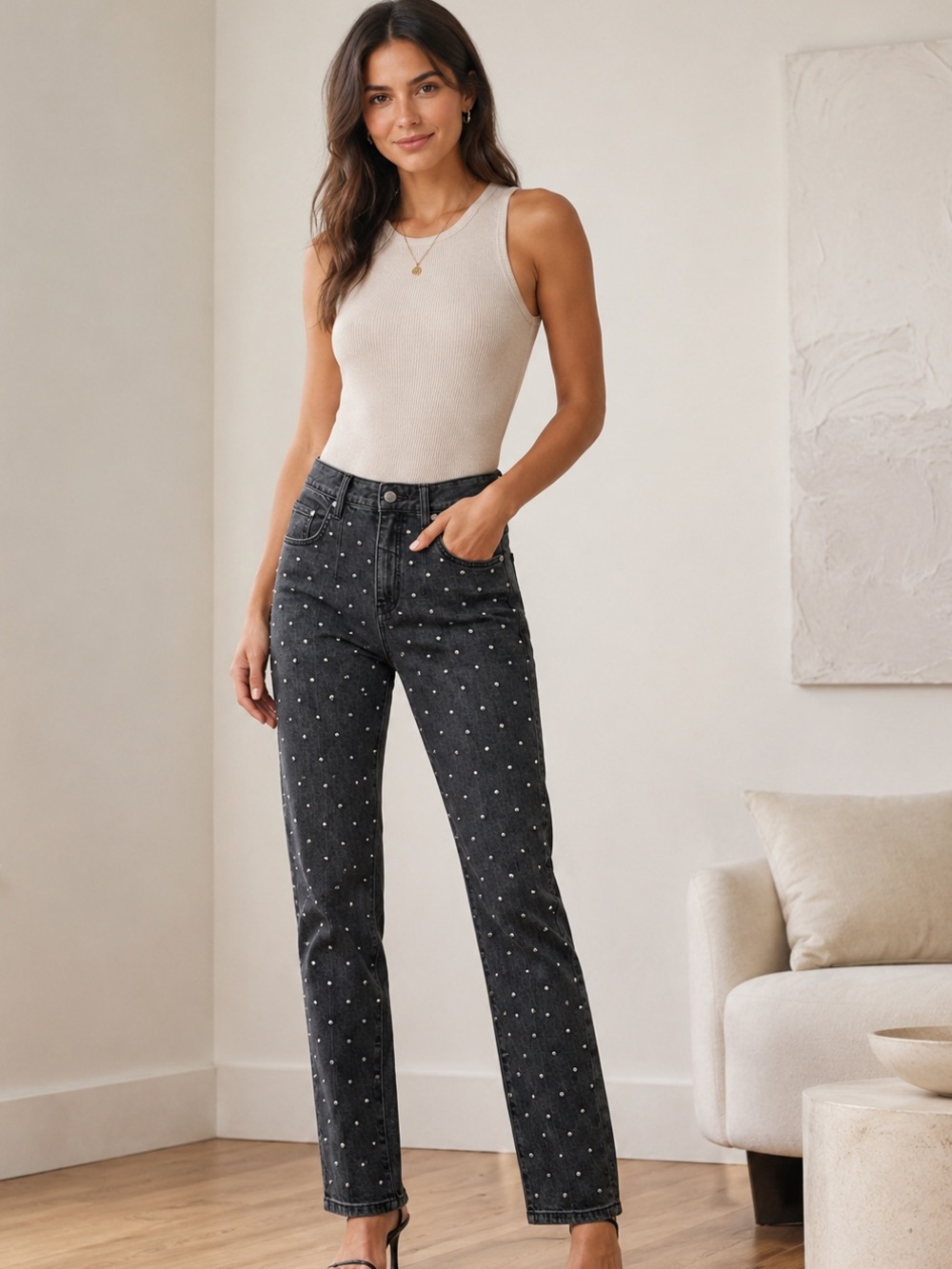 Anthropologie Pilcro High Rise Slim Jeans 29 Black Rhinestone Studded Denim